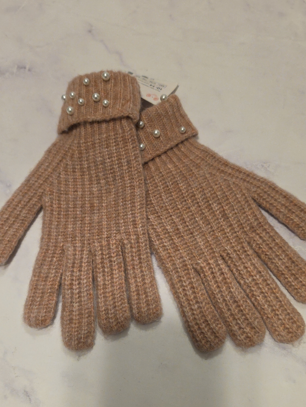 Zara Pearl-Accent Knit Gloves - Taupe Brand New